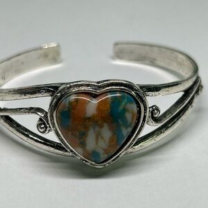 Silver Heart Cuff Bracelet with Multicolor Stone